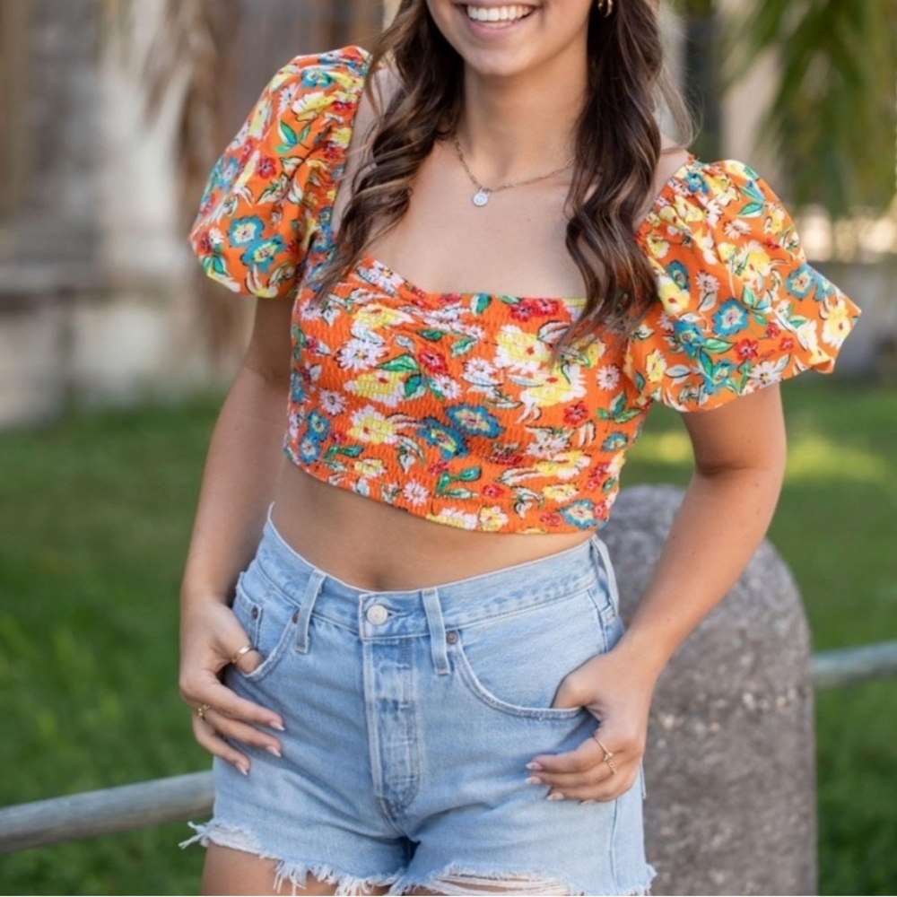 Zara Orange Floral Puff‎ Sleeve Crop Top medium cottagecore coquette milkmaid